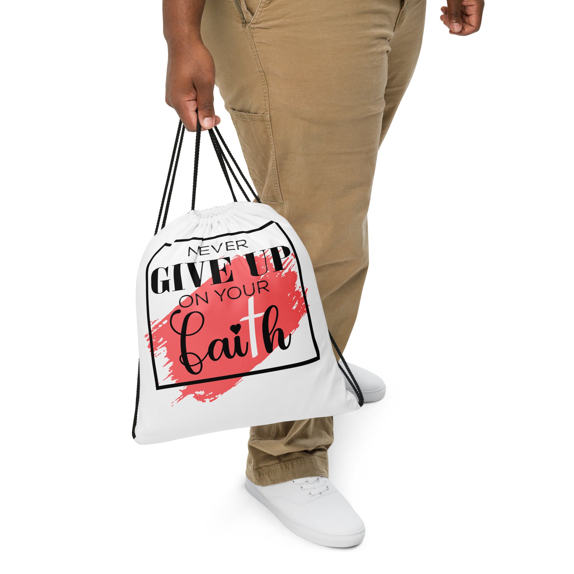 Never Give Up On Your Faith Drawstring bag