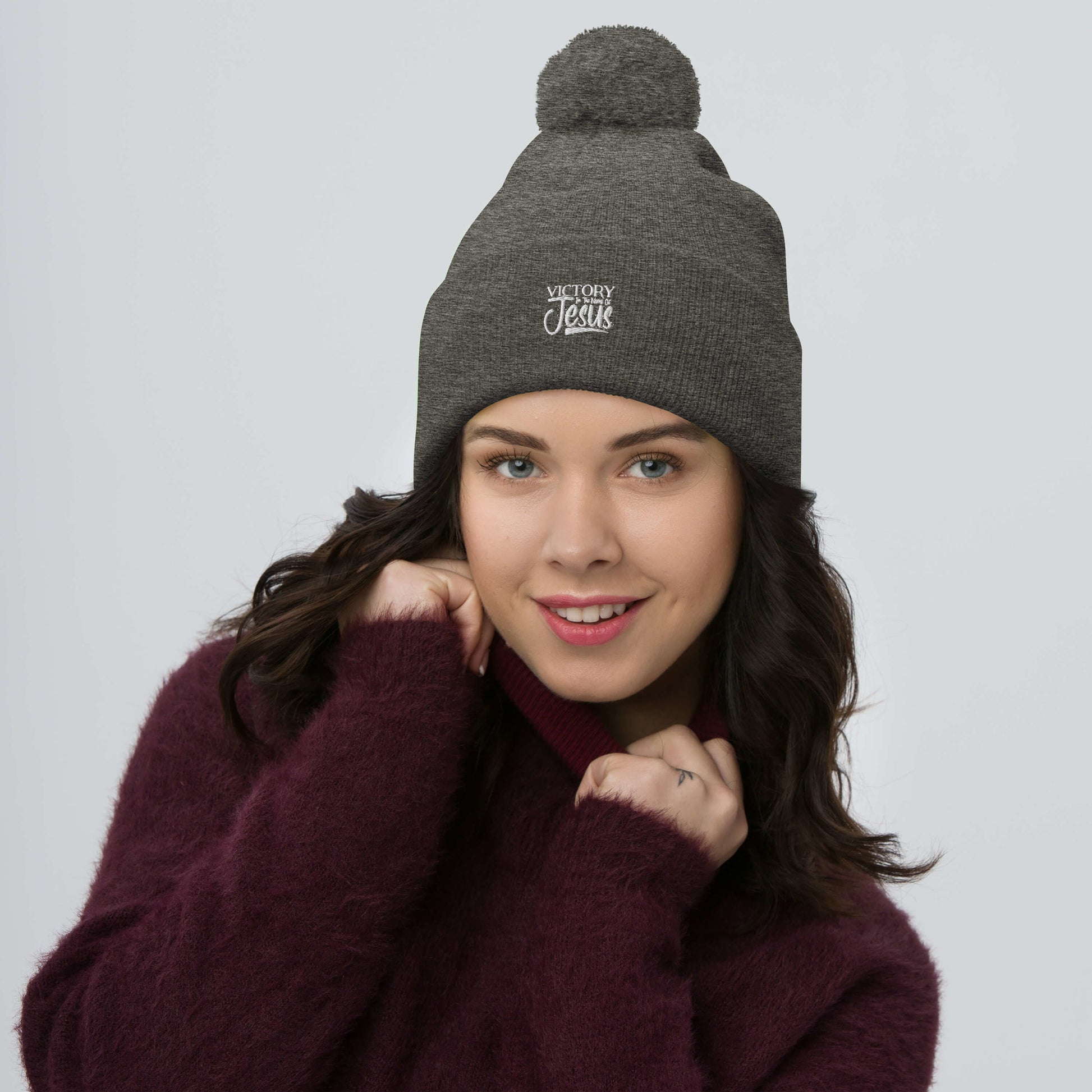 Victory In Jesus Pom-Pom Beanie Dark Heather Grey