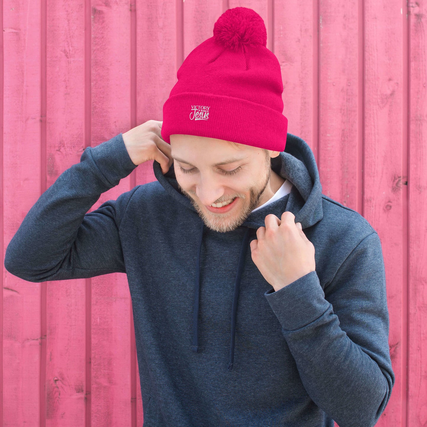 Victory In Jesus Pom-Pom Beanie Neon Pink