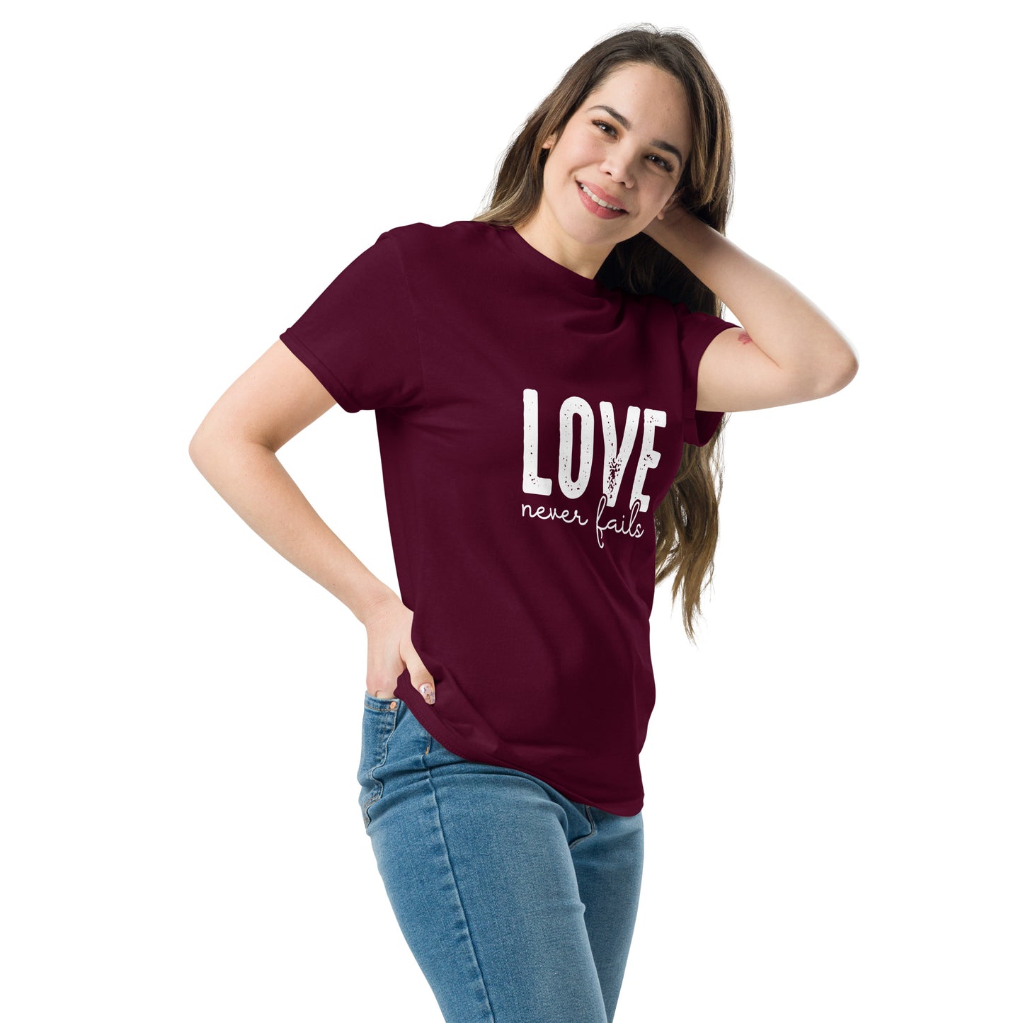 Love Never Fails Unisex classic tee Maroon