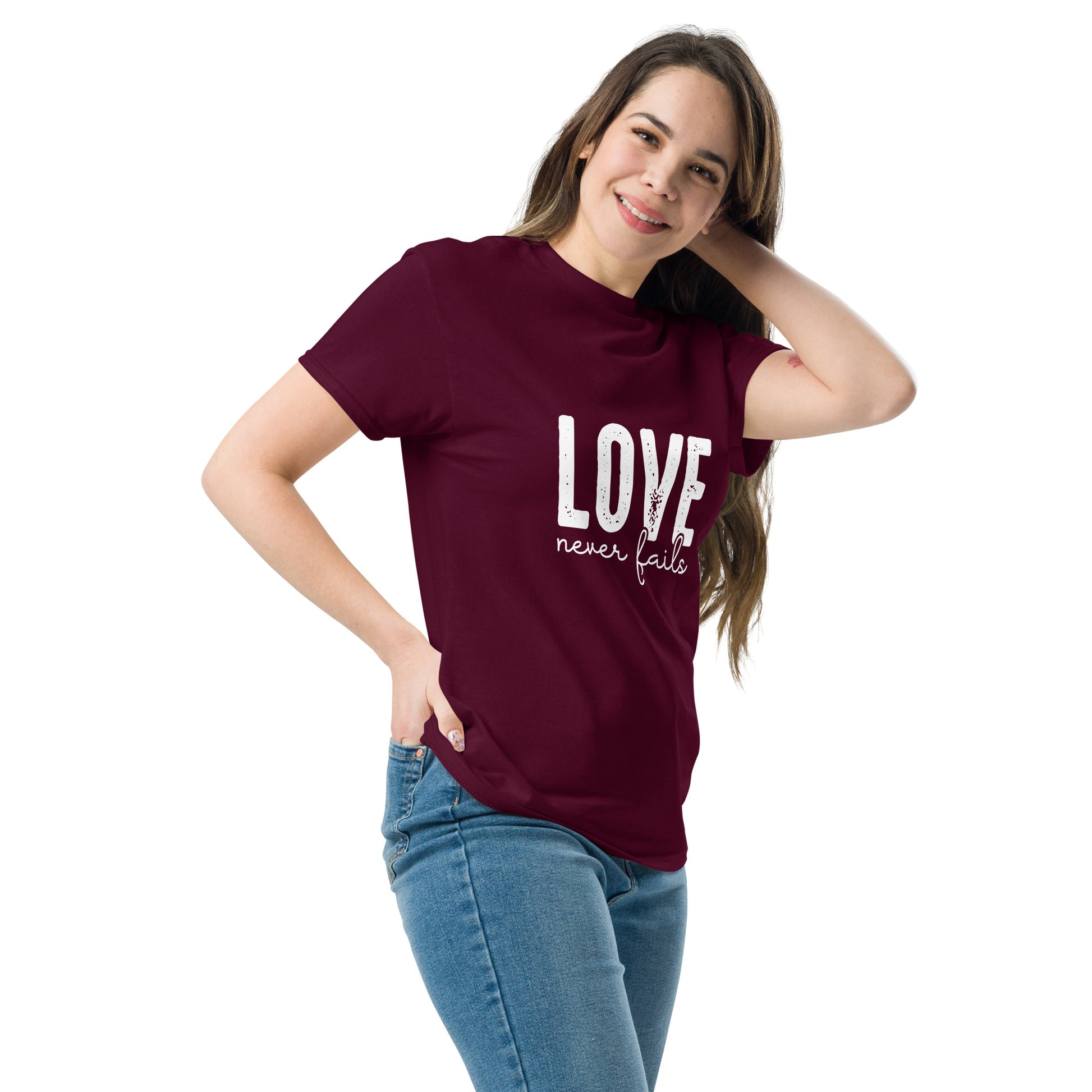 Love Never Fails Unisex classic tee Maroon