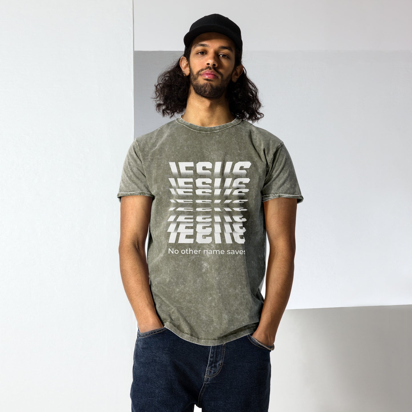 Jesus No Other Name Saves Unisex Denim T-Shirt Dark Army Green