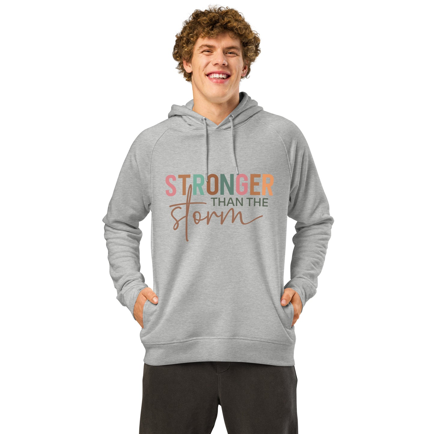 Stronger Than The Storm Unisex Organic Side Pocket Hoodie Heather Grey