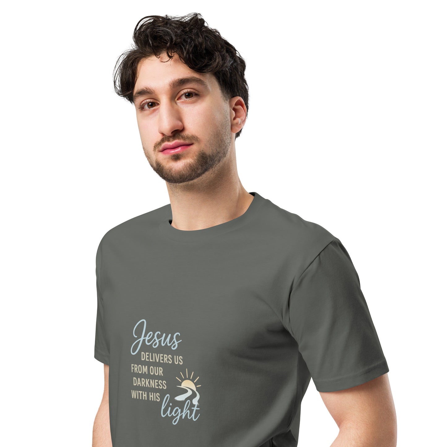 Jesus Delivers Us From Our Darkness with His Light Unisex premium t-shirt Charcoal
