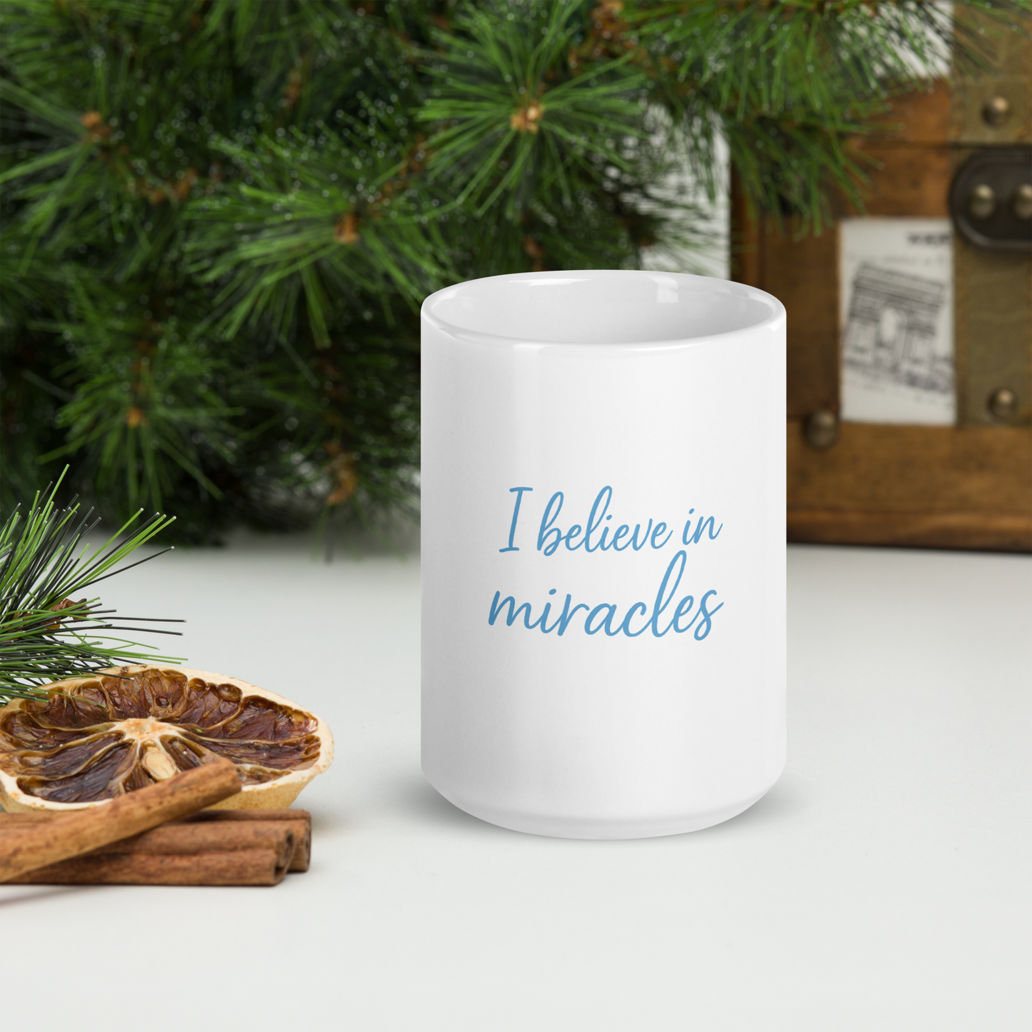 I Believe In Miracles White glossy mug